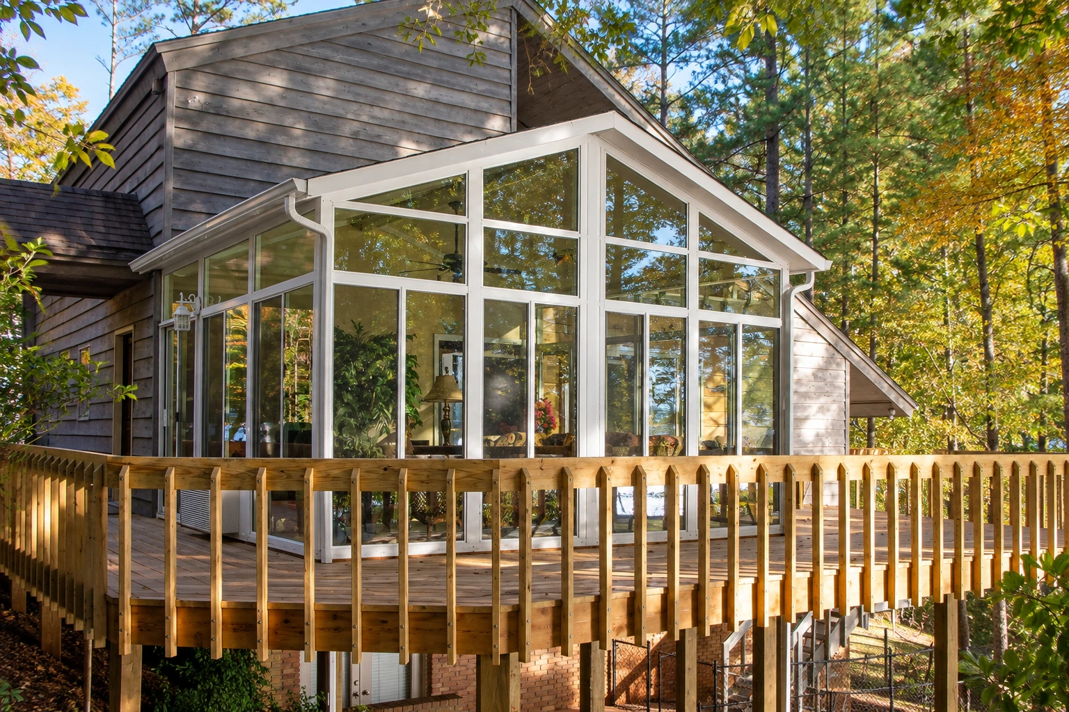 Custom sunroom with white-framed glass walls and a peaked roof, attached to a wood-sided house and raised deck.