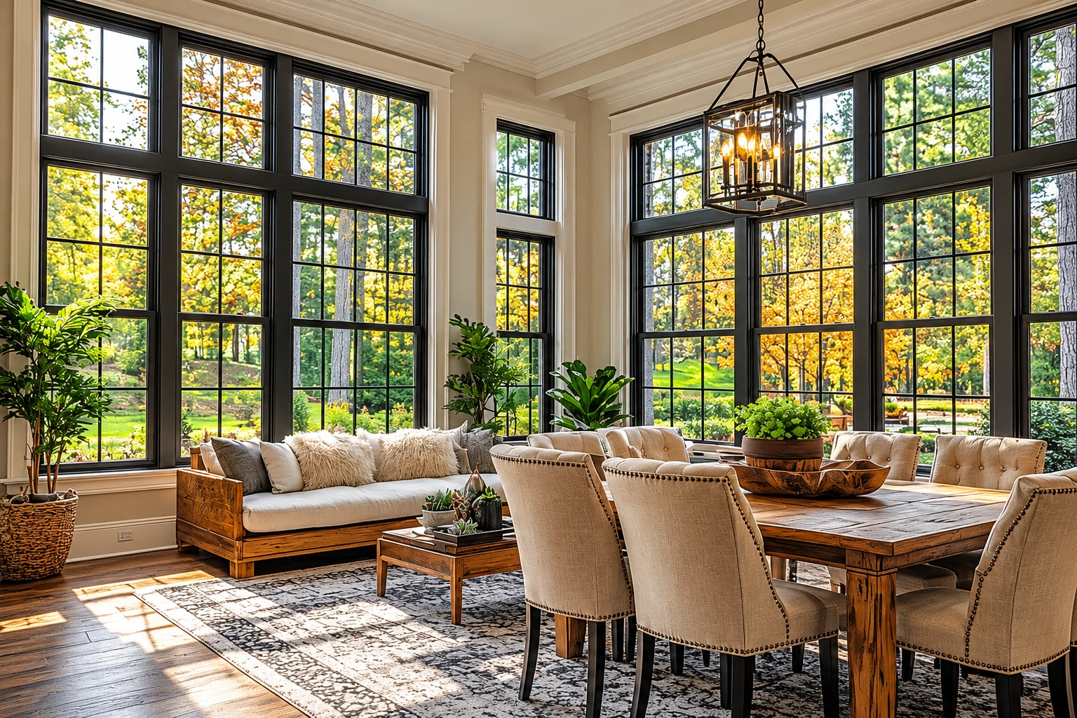 A bright sunroom with tall black-framed windows, a cream sofa, and a wooden dining table overlooking autumn trees.
