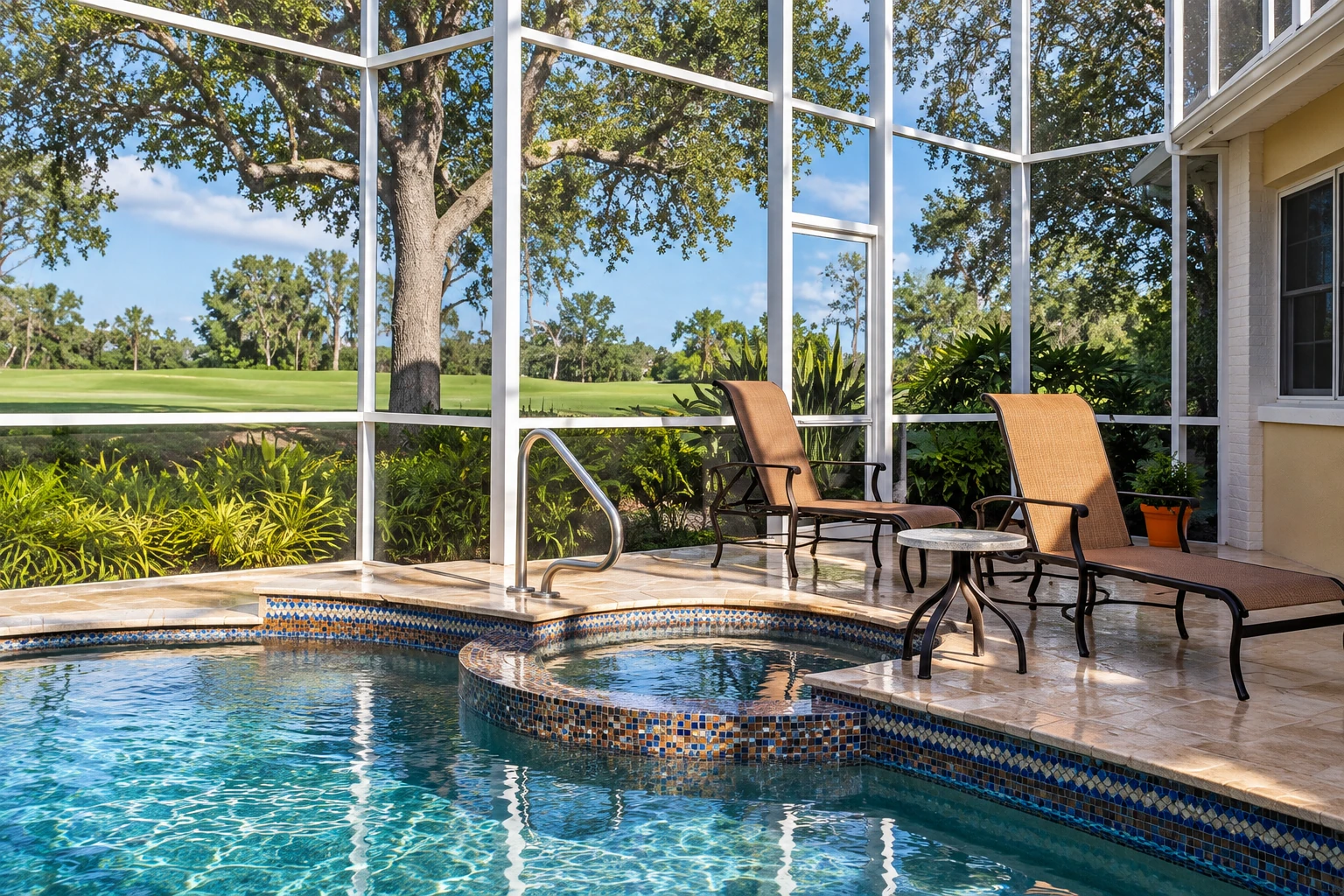 Enclosed patio with a small swimming pool, two lounge chairs, and white-framed screens overlooking a green lawn.