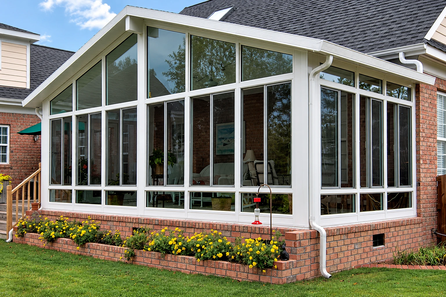 White-framed four-season sunroom attached to a brick house, with a peaked glass wall and raised flower bed.
