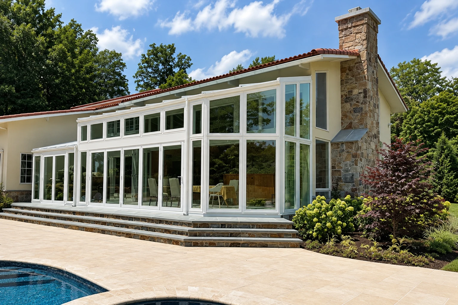 A white-framed four-season sunroom extends from a stone-and-stucco house beside a swimming pool.