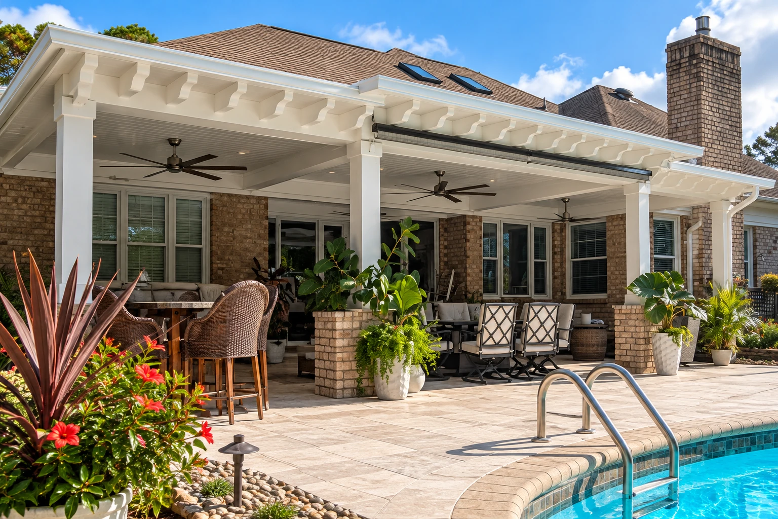 Covered patio beside a pool, featuring a white roof on brick columns, ceiling fans, and outdoor dining furniture.