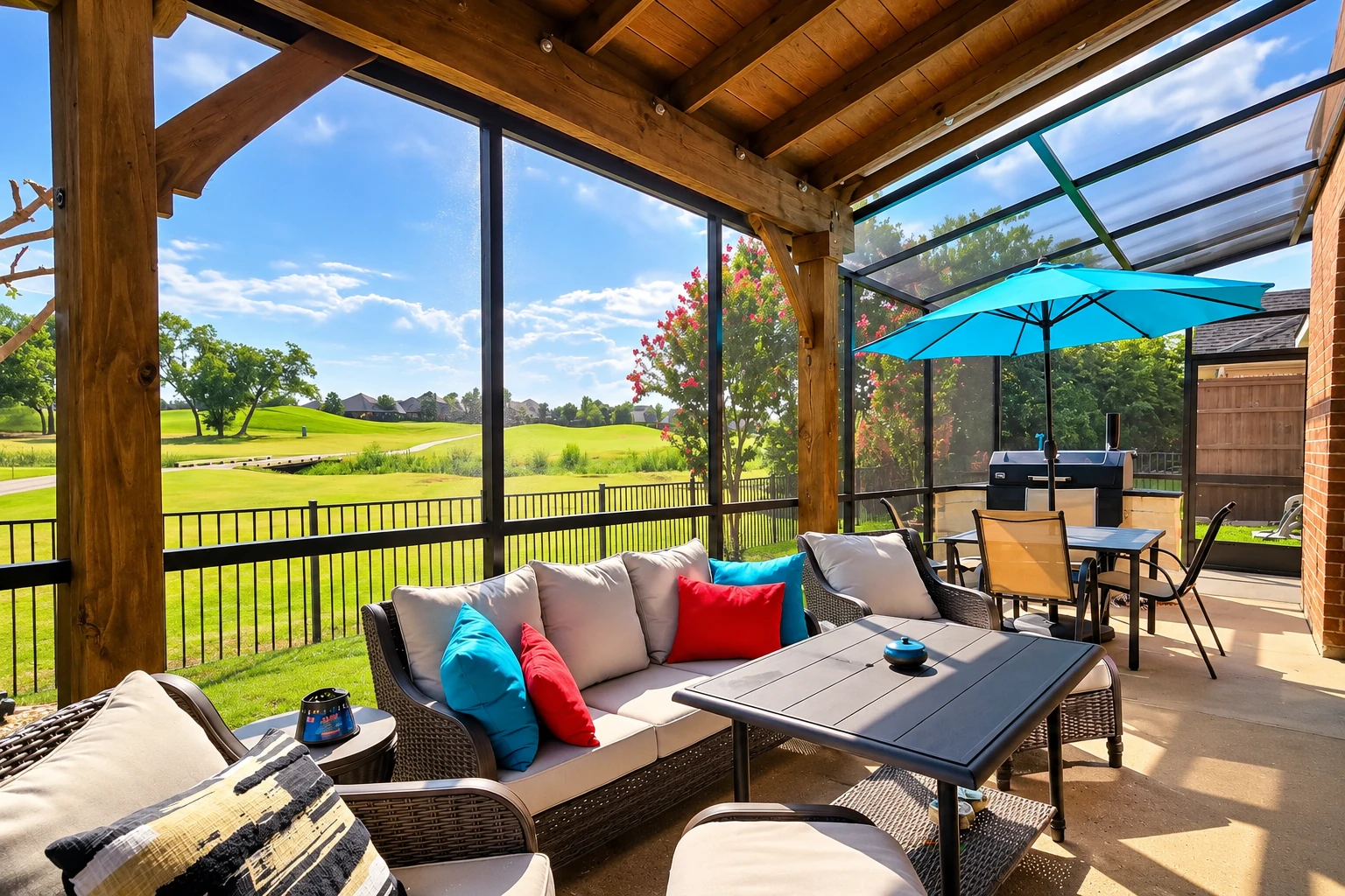Patio enclosure with dark screen panels and a timber roof, furnished with cushioned seating and a dining set.