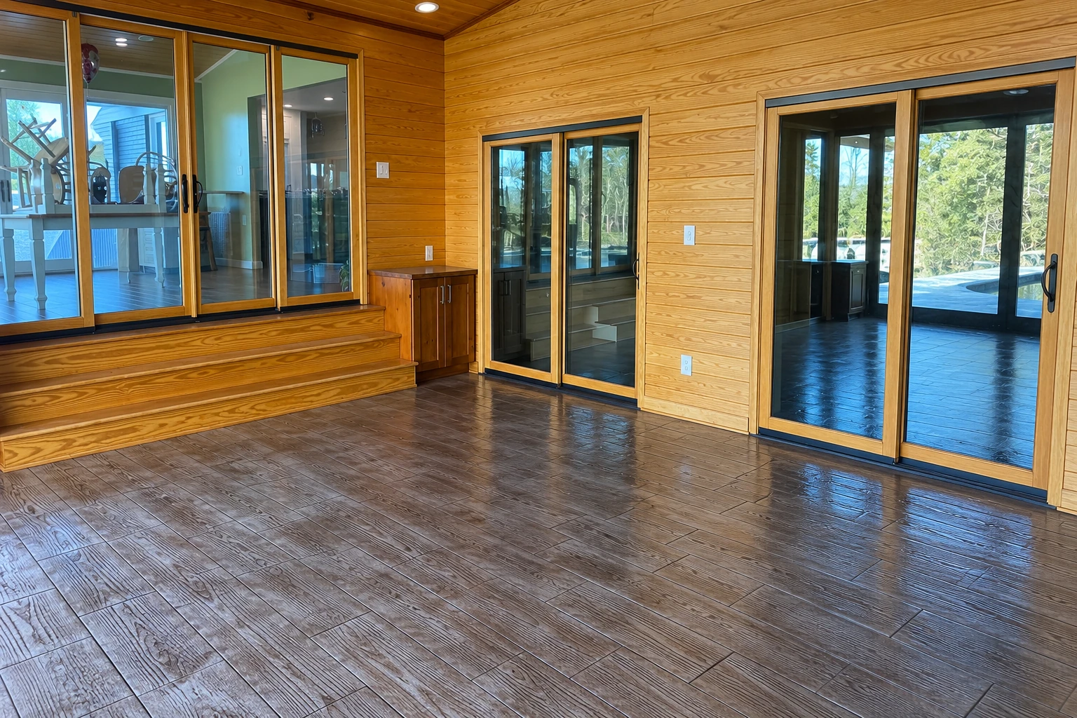 Enclosed patio room with warm wood-paneled walls, sliding glass doors, and a dark tiled floor.
