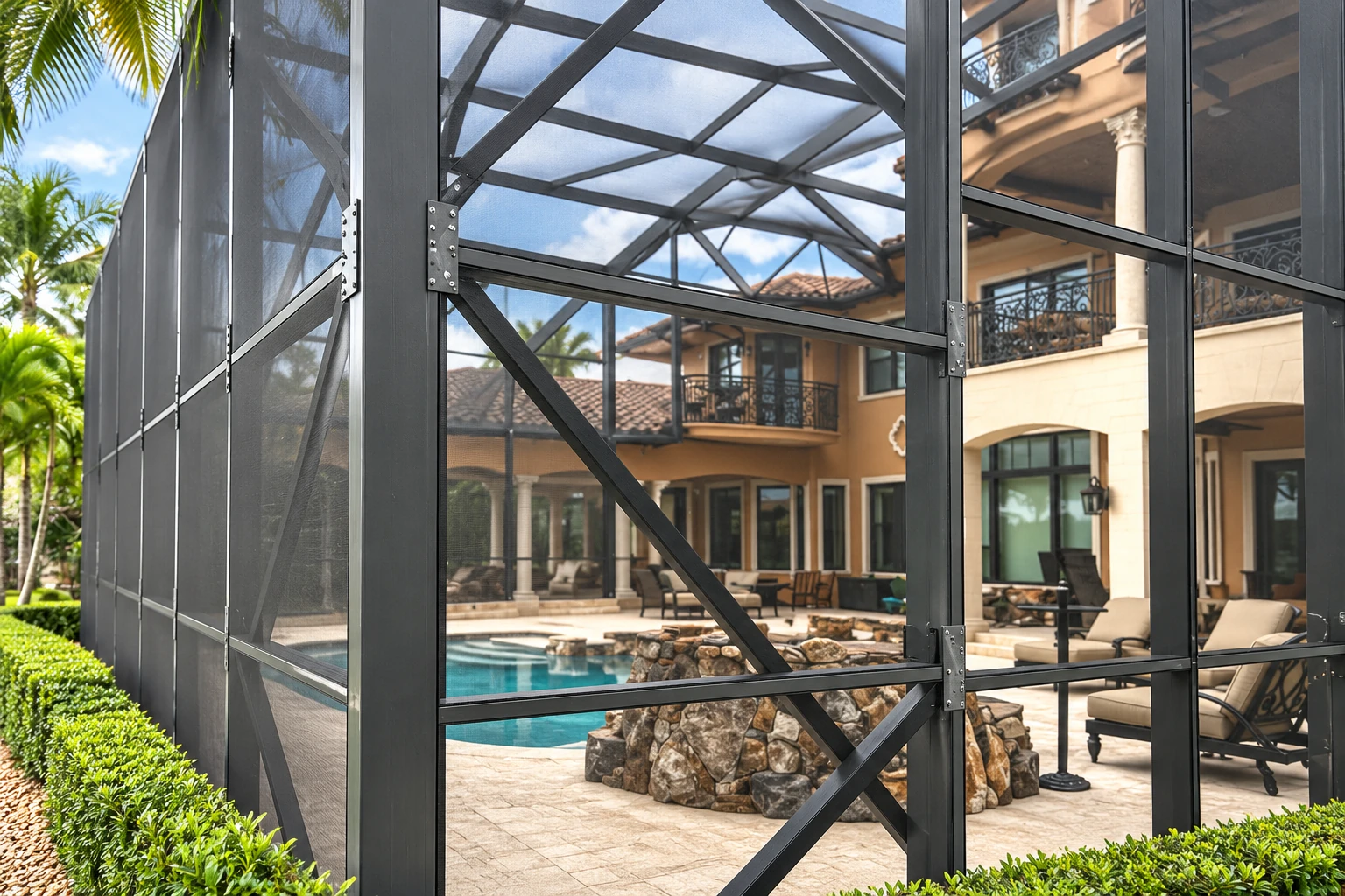 Black-framed screened patio enclosure with a peaked roof surrounding an outdoor pool and seating area.