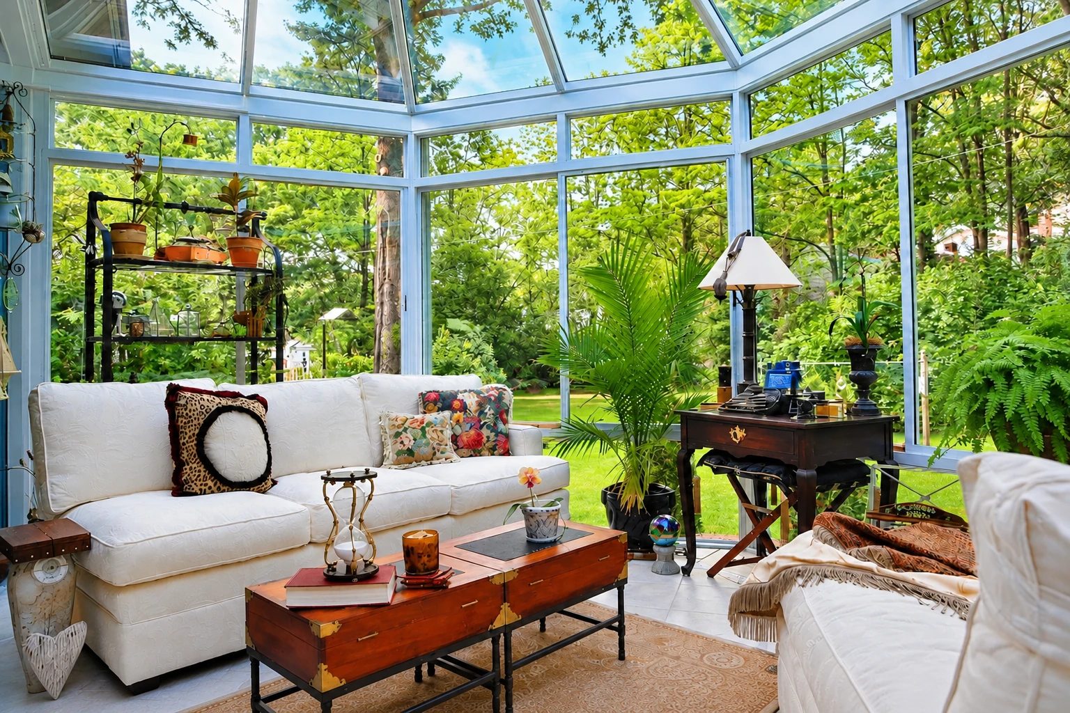Glass solarium with a peaked roof, white sofas, potted plants, and a desk surrounded by leafy garden views.