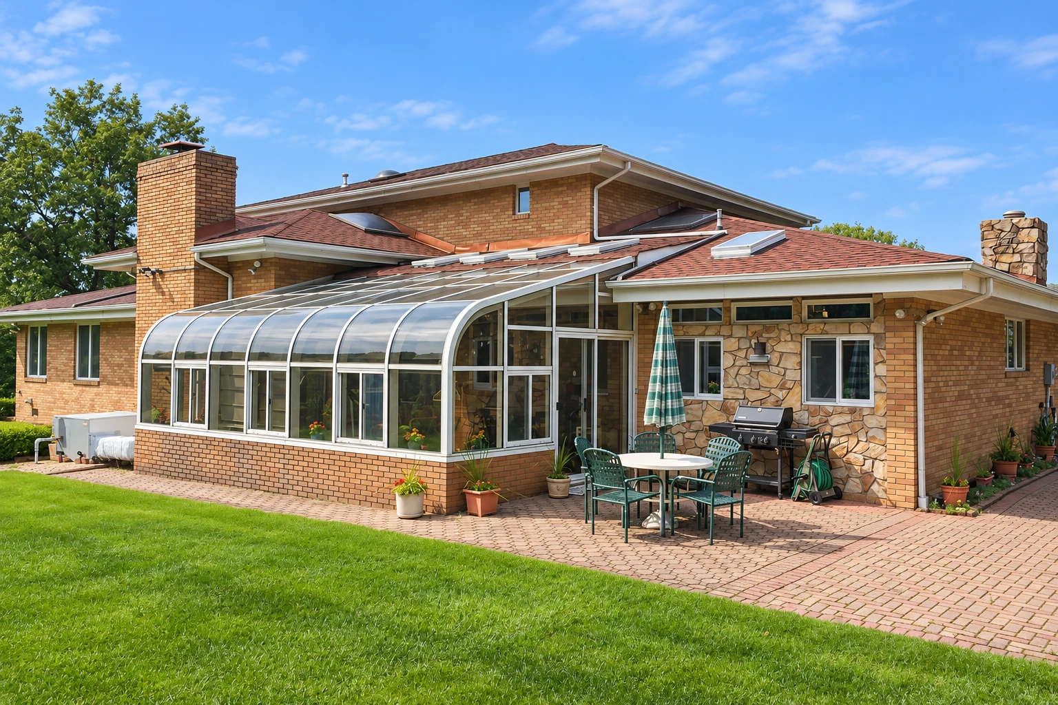 Brick house with a curved-roof glass solarium, patio seating, and a broad green lawn.