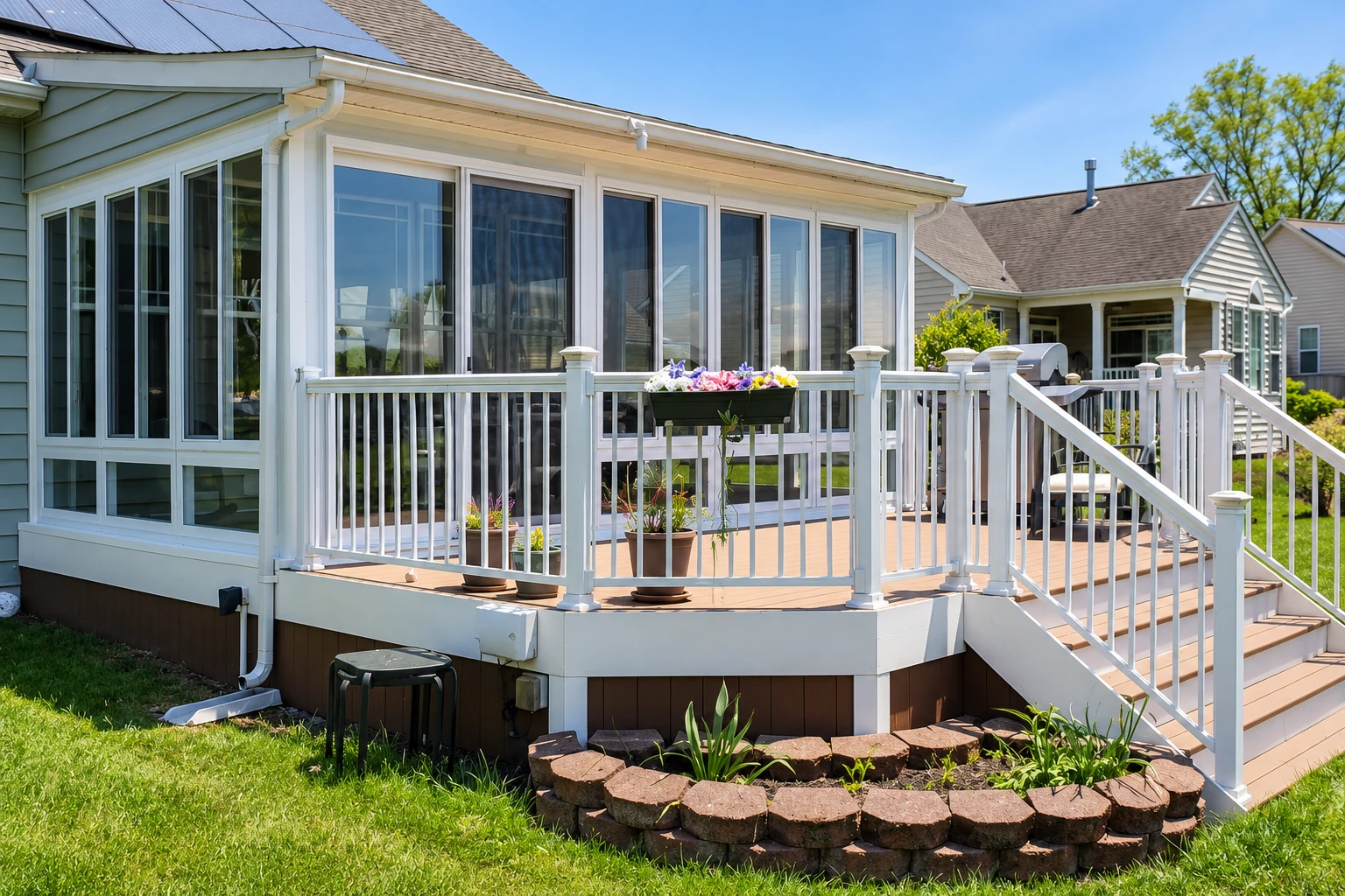 White-framed sunroom with tall windows opens onto a raised deck with white railings, flower boxes and steps.