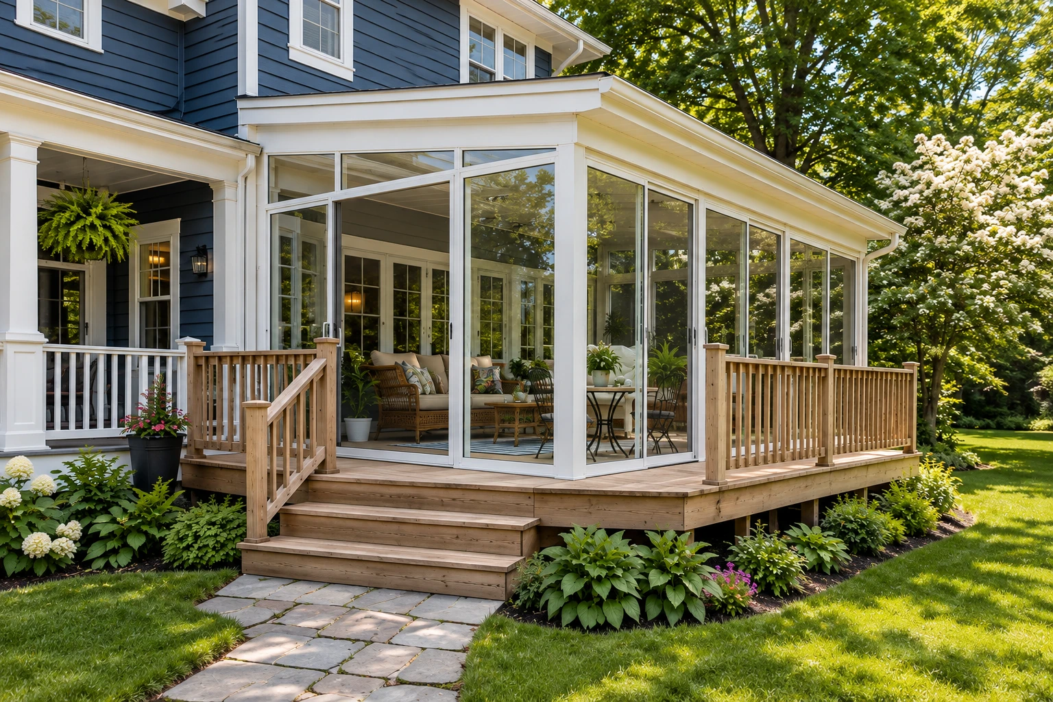 Glass sunroom addition with white framing and a wooden deck, steps, and railings beside a blue house.