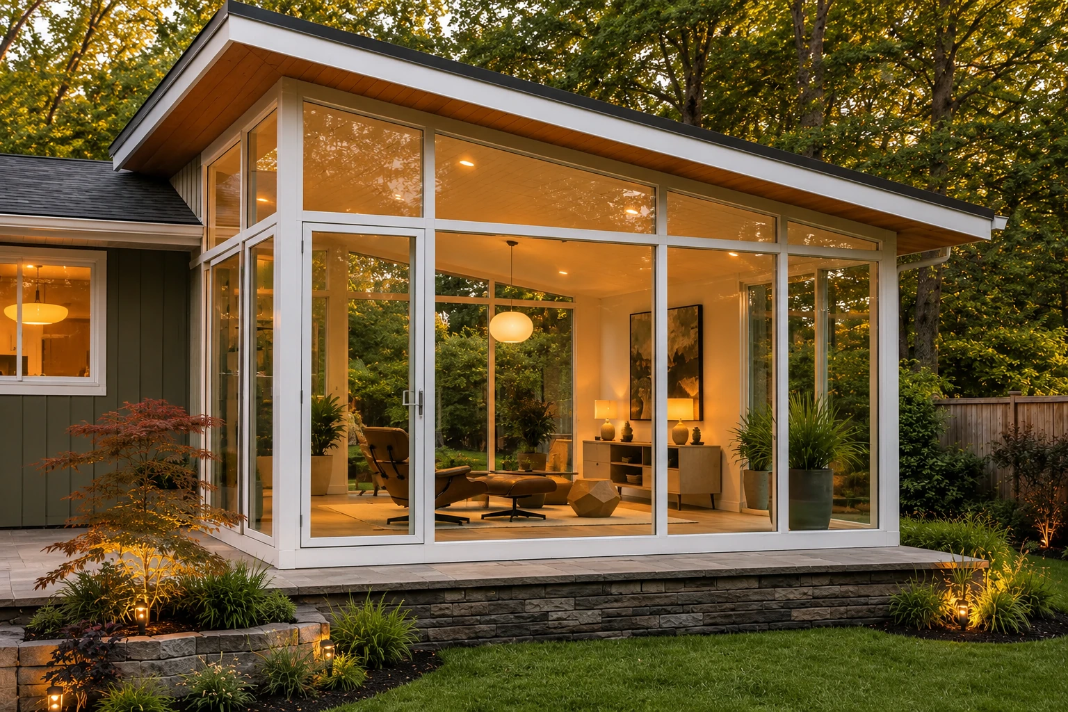 Modern glass sunroom with a sloped roof, warm interior lighting, and views of a wooded garden.