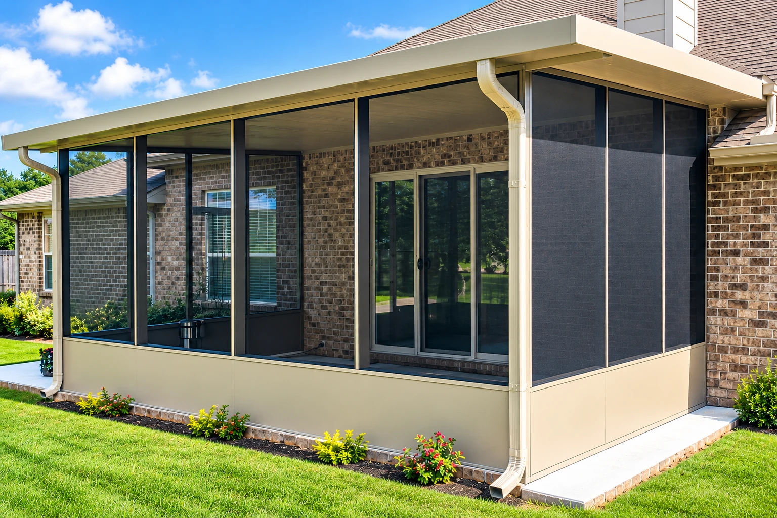A screened patio enclosure with dark mesh panels and a low cream base attached to a brick house.