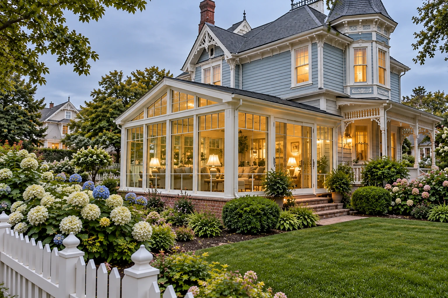White-framed vinyl sunroom glowing at dusk beside a blue-gray house, surrounded by flowering garden beds.